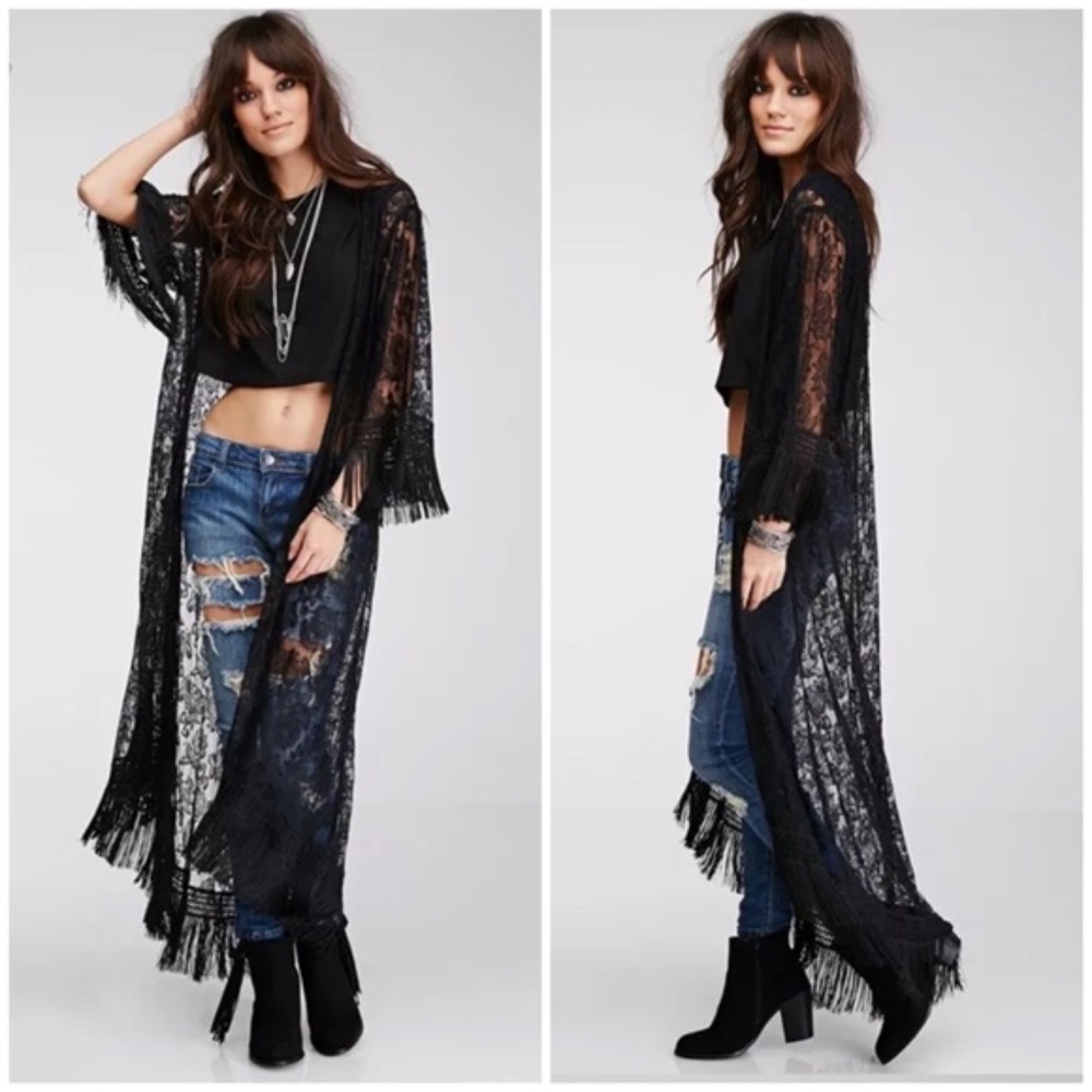 SOLD OUT Black Lace Boho Fringe Tassel Maxi Duster Wrap - Picture 1 of 2